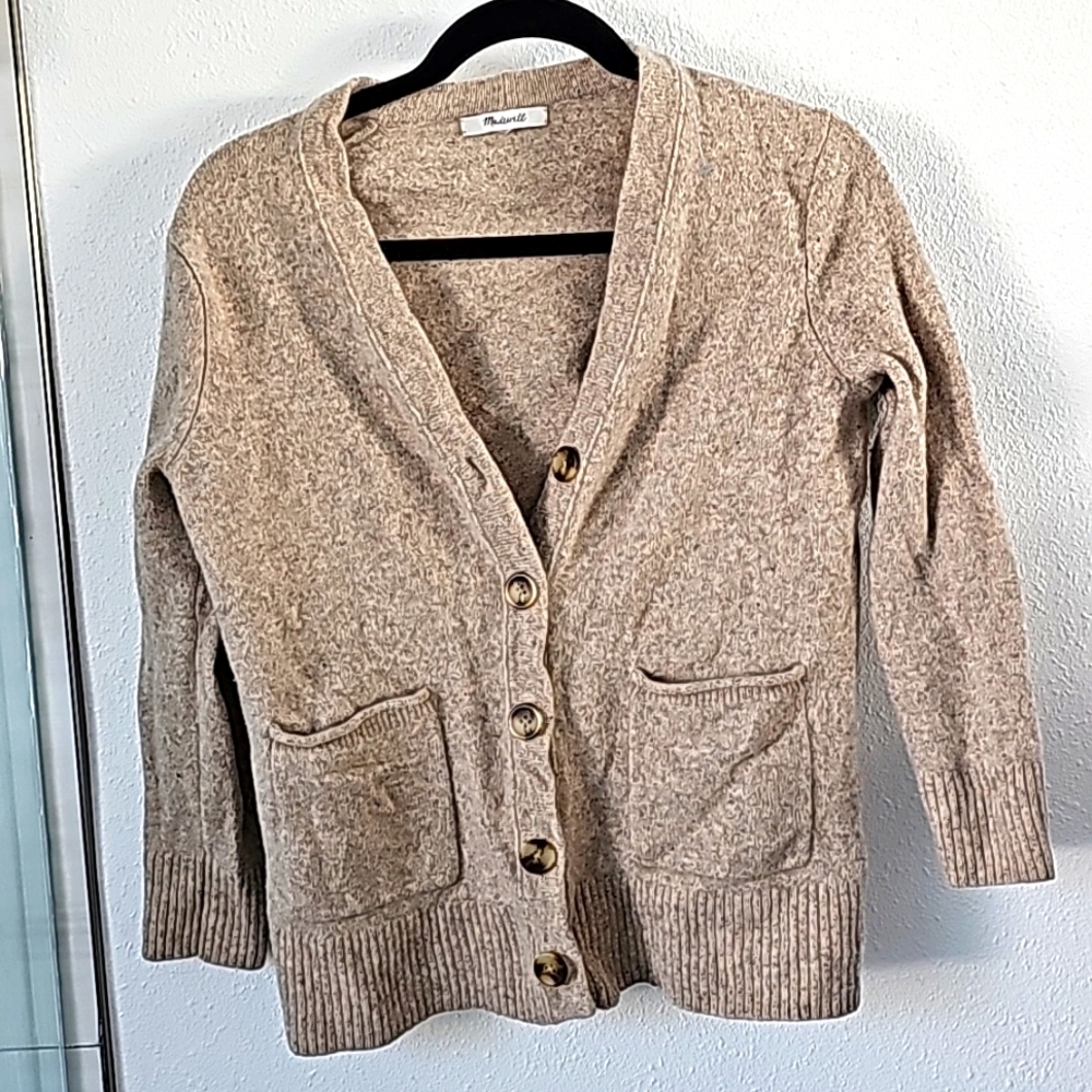 Madewell 100% Merino Wool Cardigan, Size Medium,  Tan Soft Cozy Sweater